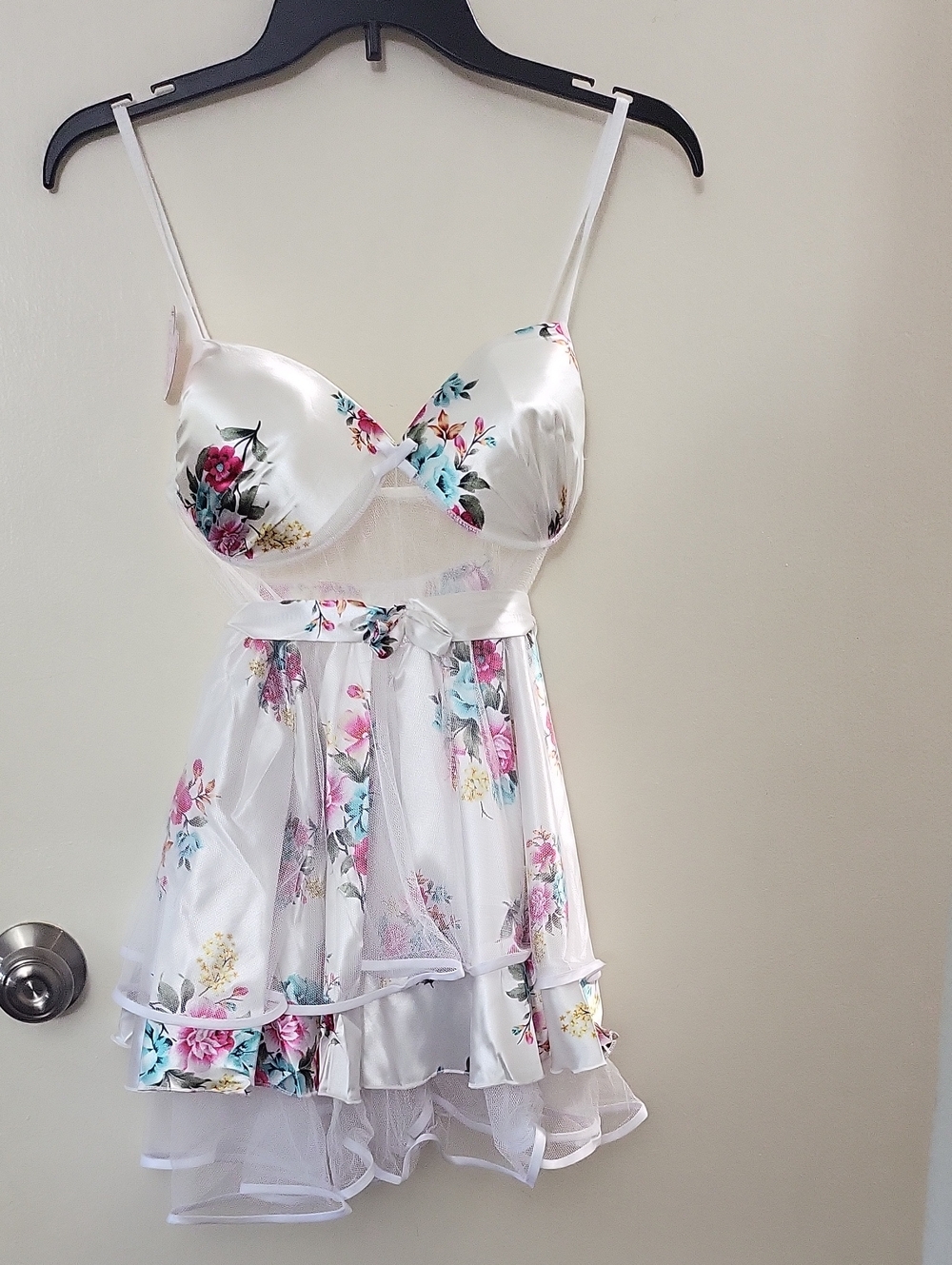 White Floral Satin Lace Trim Babydoll Dress
